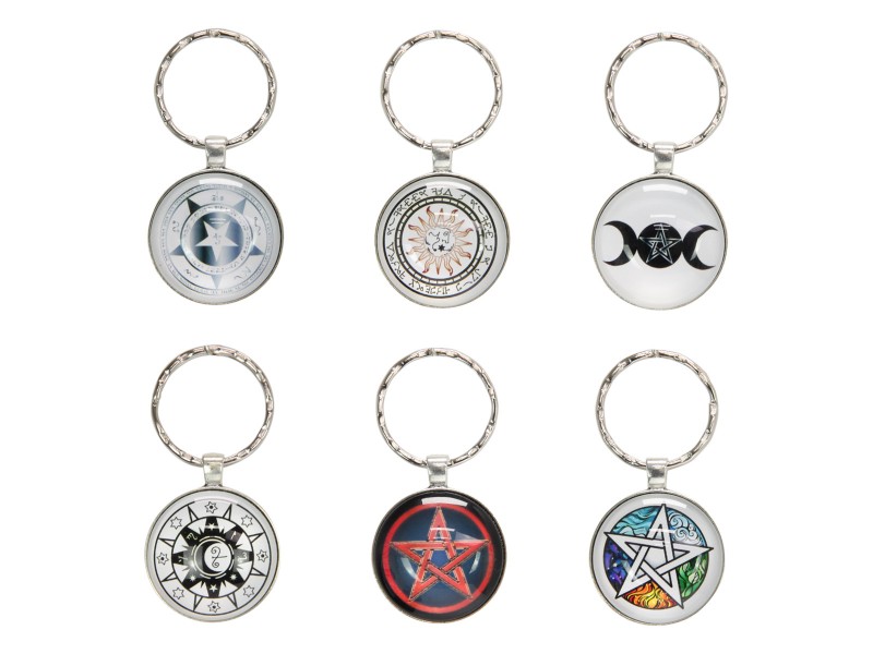 Round Glass Key Ring with Wiccan Design